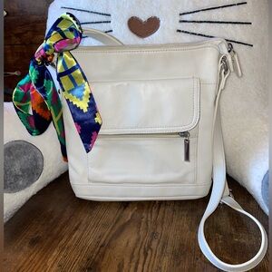 Gianni Bernini Napa White/Vanilla Leather Crossbody Shoulder Bag w/ Free scarf